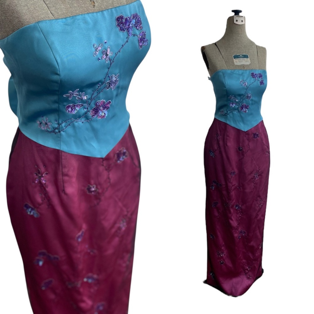 New Adrianna Papell Blue Pink Embroidered Sequin Maxi Gown